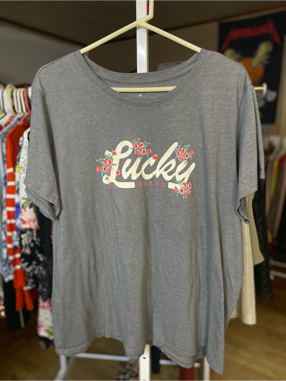 Lucky Brand Gray Boxy Fit Tee with Floral Script Logo
